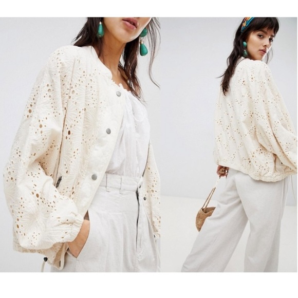 Free People Daisy Jane Bomber Jacket Cream Neutral Floral Embroidery Women’s XS - Picture 3 of 6